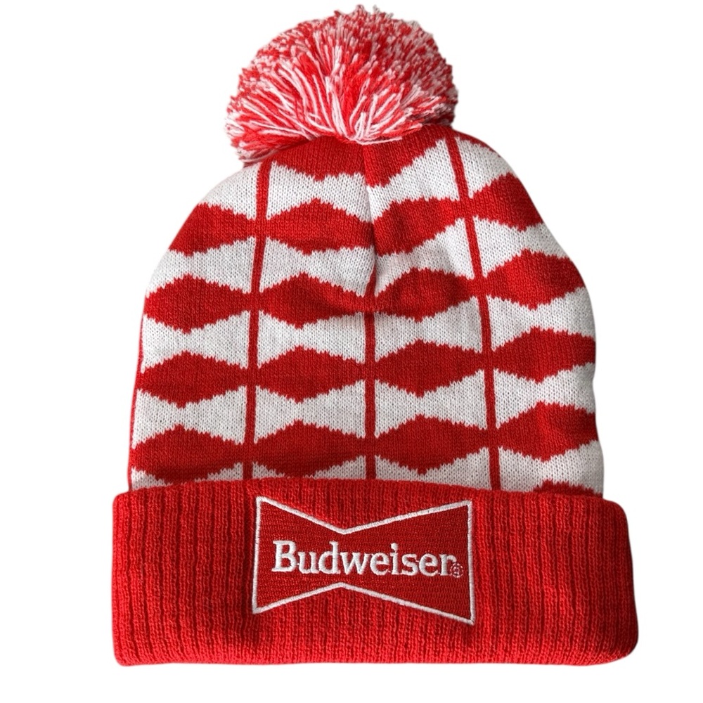 BUDWEISER Vintage Knit Toque Beanie Pompom Red White Beer Impact Machine - Picture 2 of 8